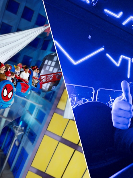 Riders enjoying Spider-Man ride at IMG World and VR experience at VR Park, Dubai.