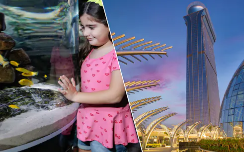 Child observing fish at Dubai Aquarium; view of Dubai Frame and The Palm.