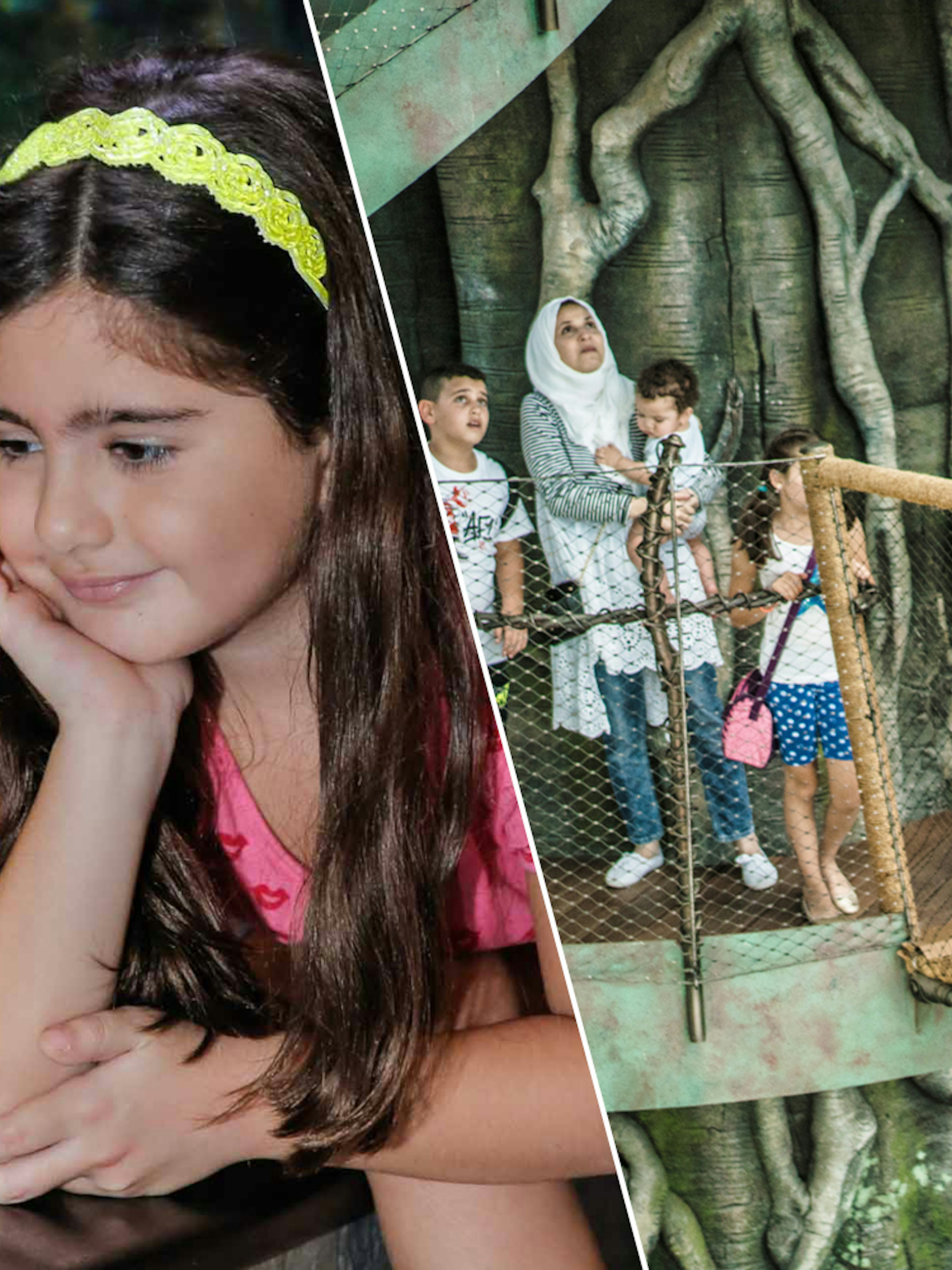 Child observing fish at Dubai Aquarium; family exploring Green Planet's treetop walkway.