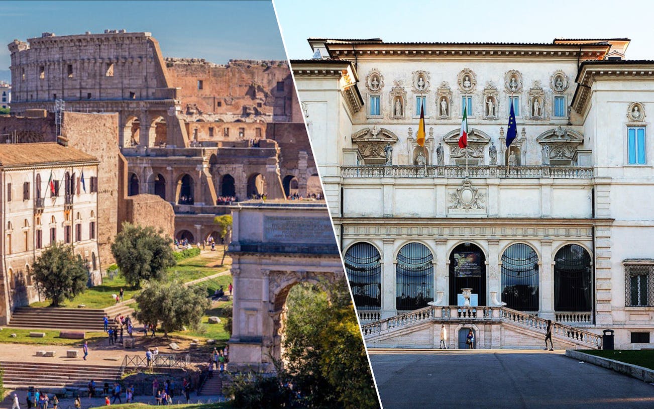 Colosseum and Borghese Gallery in Rome, Italy, showcasing historic architecture.