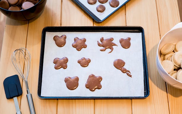 Baking tray with chocolate macaron shapes for Cours de Macarons - Version Famille.