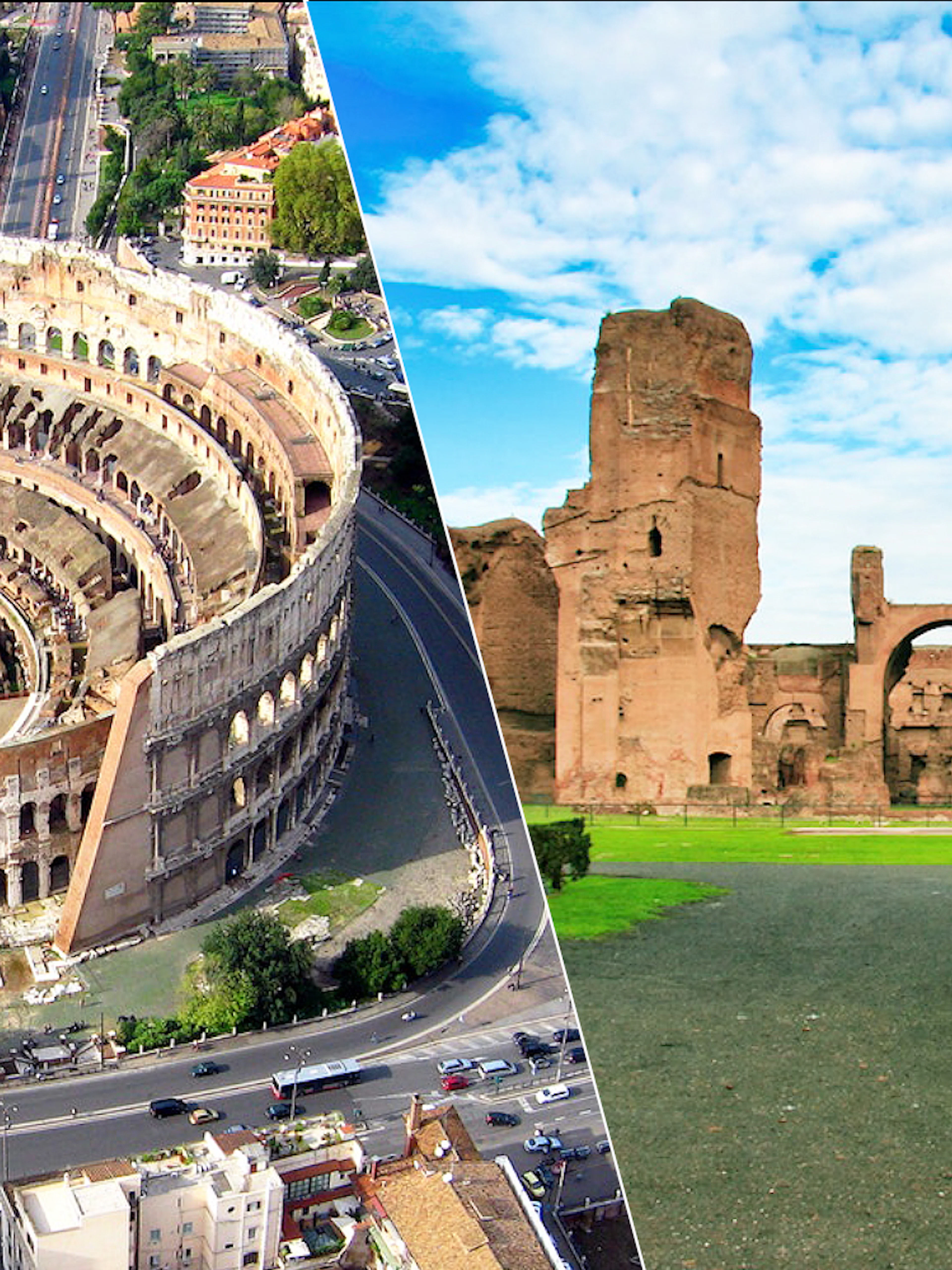 Colosseum aerial view and Caracalla Baths ruins in Rome.