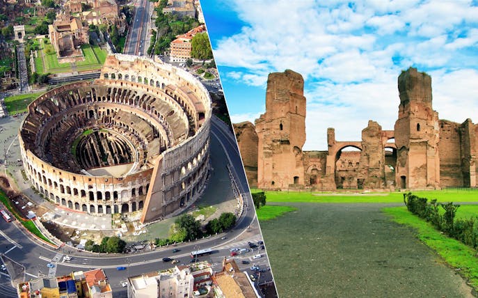 Colosseum aerial view and Caracalla Baths ruins in Rome.