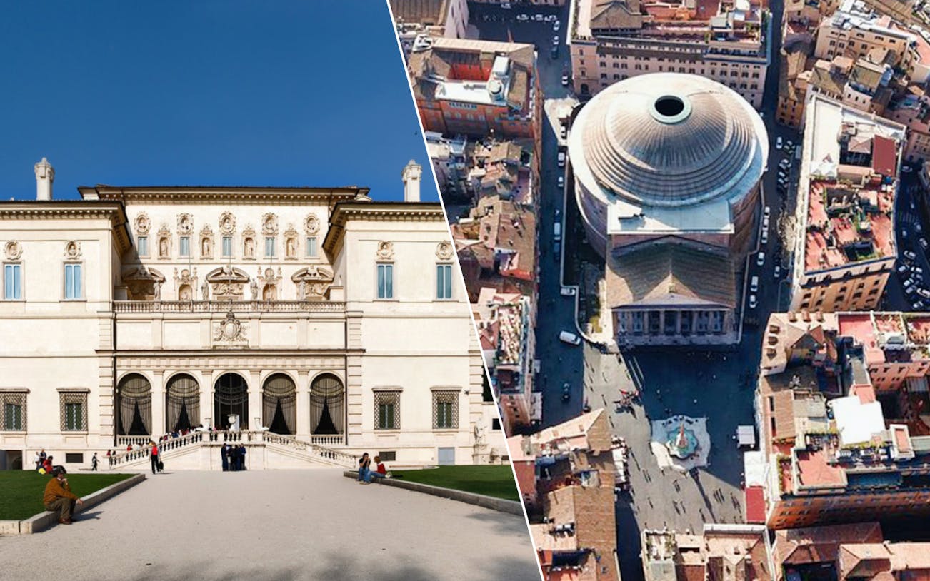 Borghese Gallery facade and aerial view of the Pantheon in Rome.