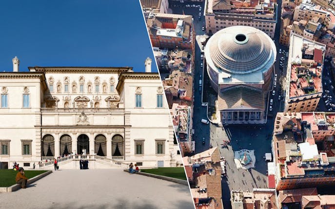 Borghese Gallery facade and aerial view of the Pantheon in Rome.