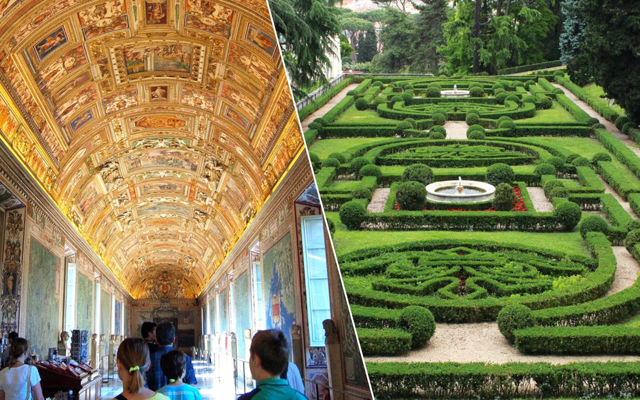 Vatican Museums ornate ceiling and Vatican Gardens' manicured hedges, Rome.
