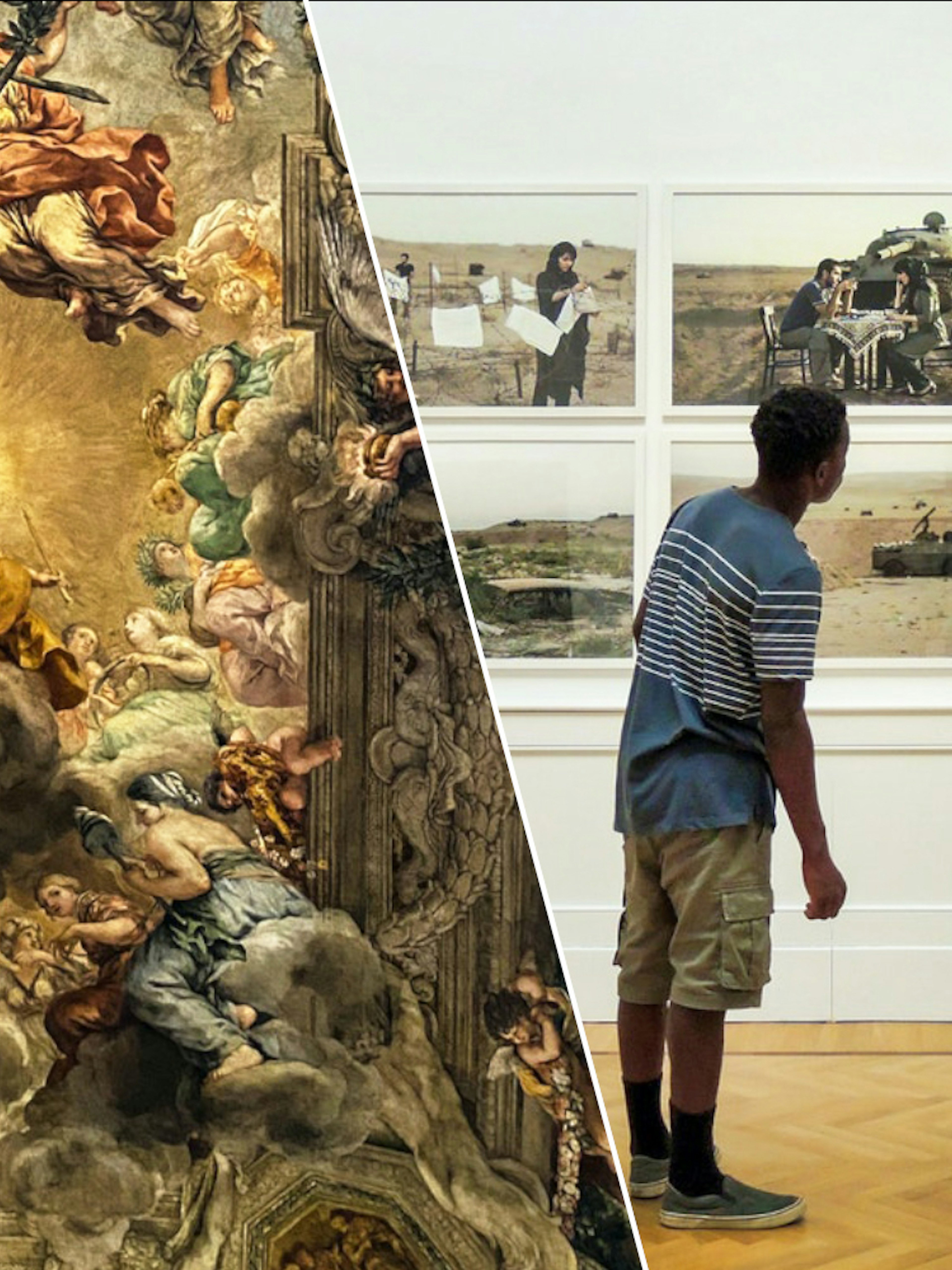 Visitor viewing modern art at Galleria Arte Moderna Nazionale, Rome; fresco detail from Palazzo Barberini.