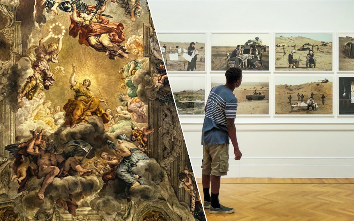 Visitor viewing modern art at Galleria Arte Moderna Nazionale, Rome; fresco detail from Palazzo Barberini.