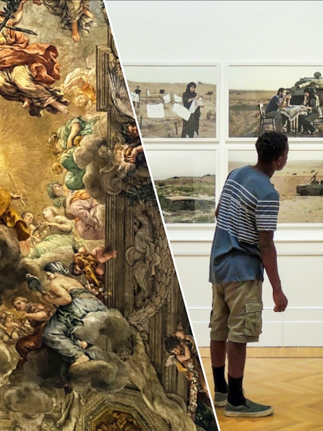 Visitor viewing modern art at Galleria Arte Moderna Nazionale, Rome; fresco detail from Palazzo Barberini.