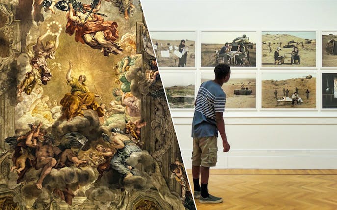 Visitor viewing modern art at Galleria Arte Moderna Nazionale, Rome; fresco detail from Palazzo Barberini.