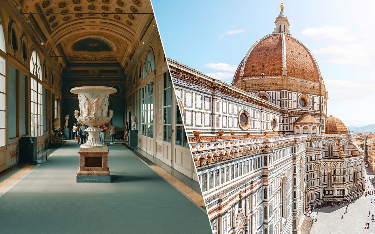 Uffizi Gallery interior and exterior view of Brunelleschi’s Dome in Florence.