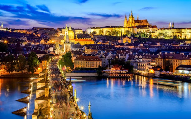Evening view of Charles Bridge and Prague Castle, Prague, Czech Republic.