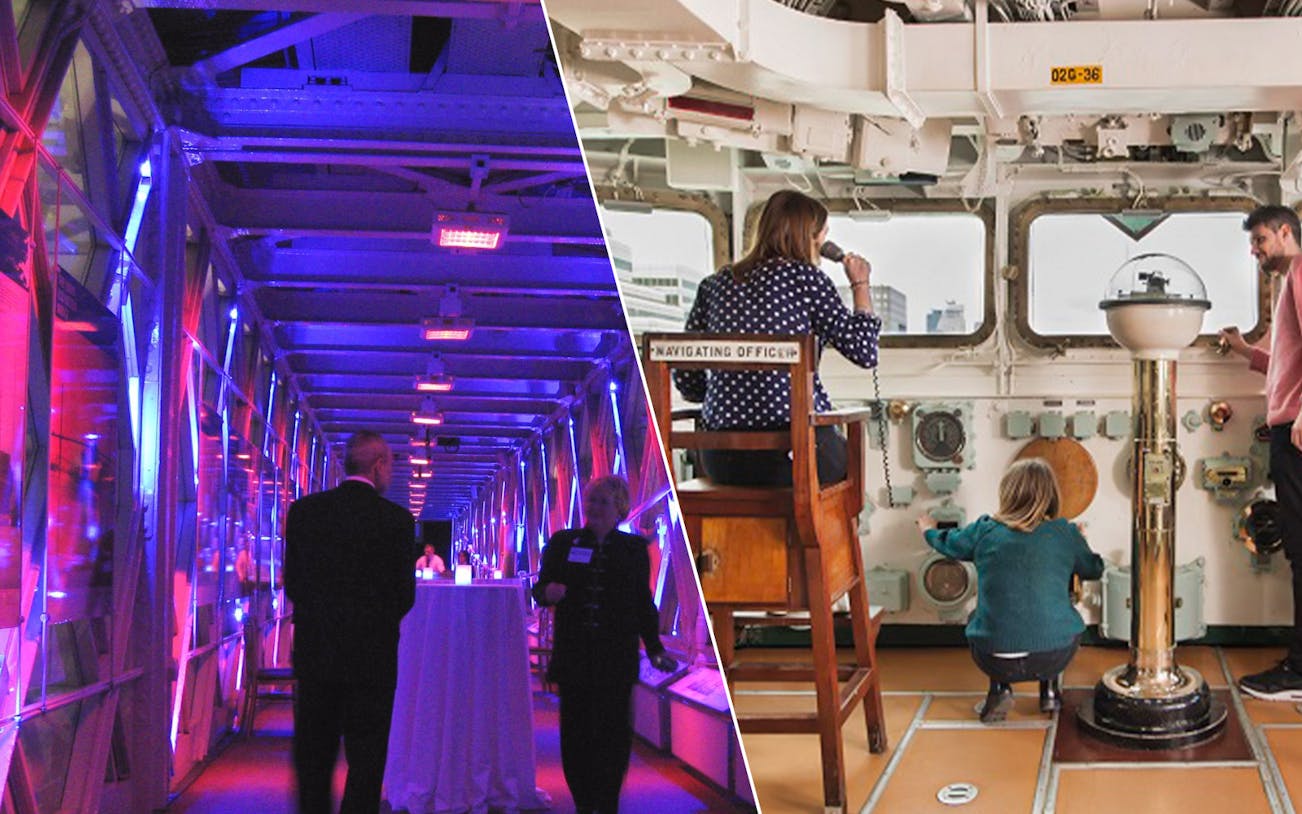 Tower Bridge illuminated walkway and HMS Belfast navigation room experience.