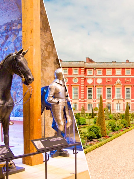 Armored knight display at Tower of London and exterior of Hampton Court Palace garden.