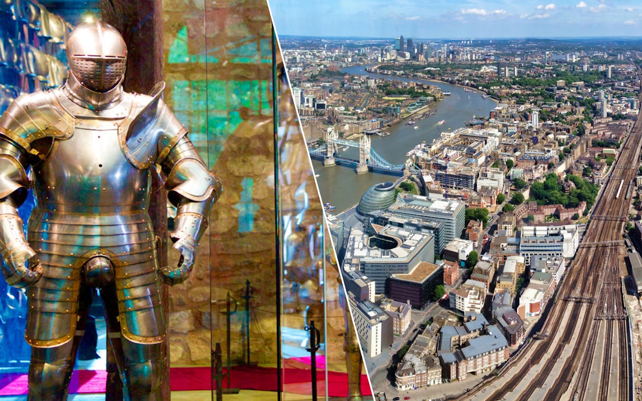 Knight armor at Tower of London and aerial view of Tower Bridge from the Shard, London.