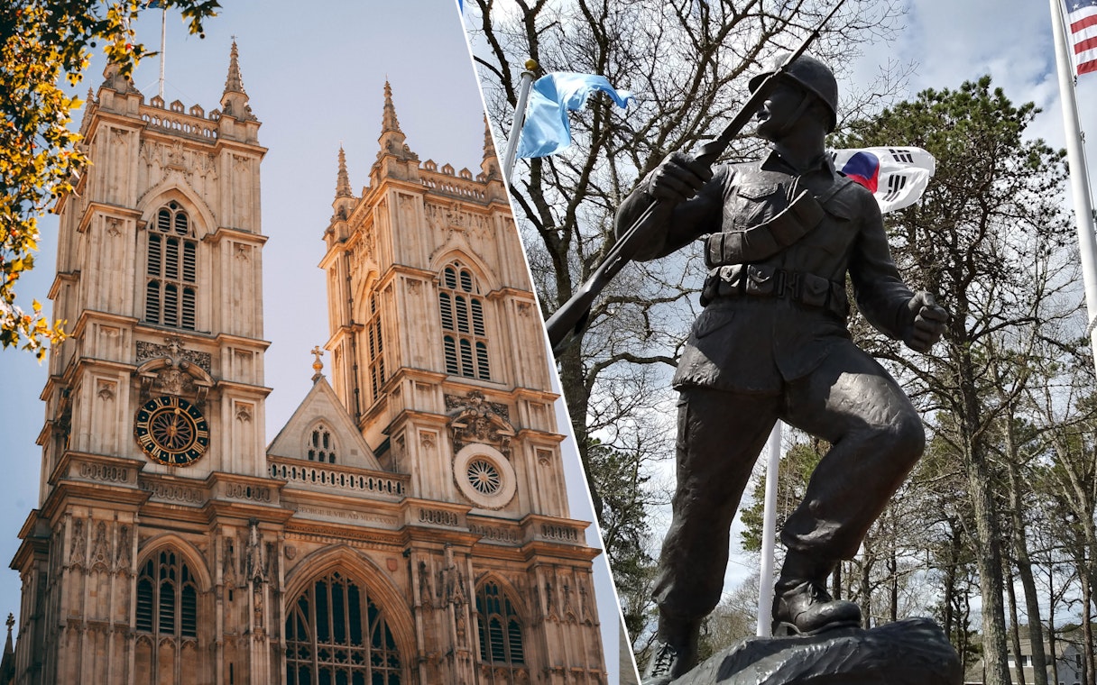Westminster Abbey facade and soldier statue near Churchill War Rooms, London.