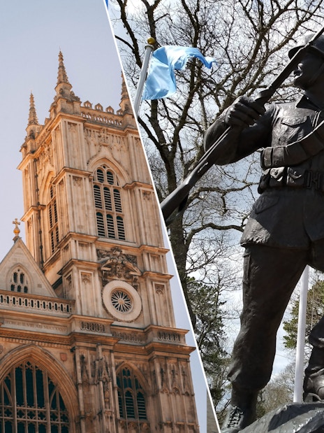 Westminster Abbey facade and soldier statue near Churchill War Rooms, London.