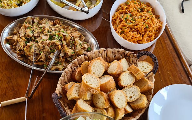 Assorted Greek dishes served on Athens Riviera night cruise.