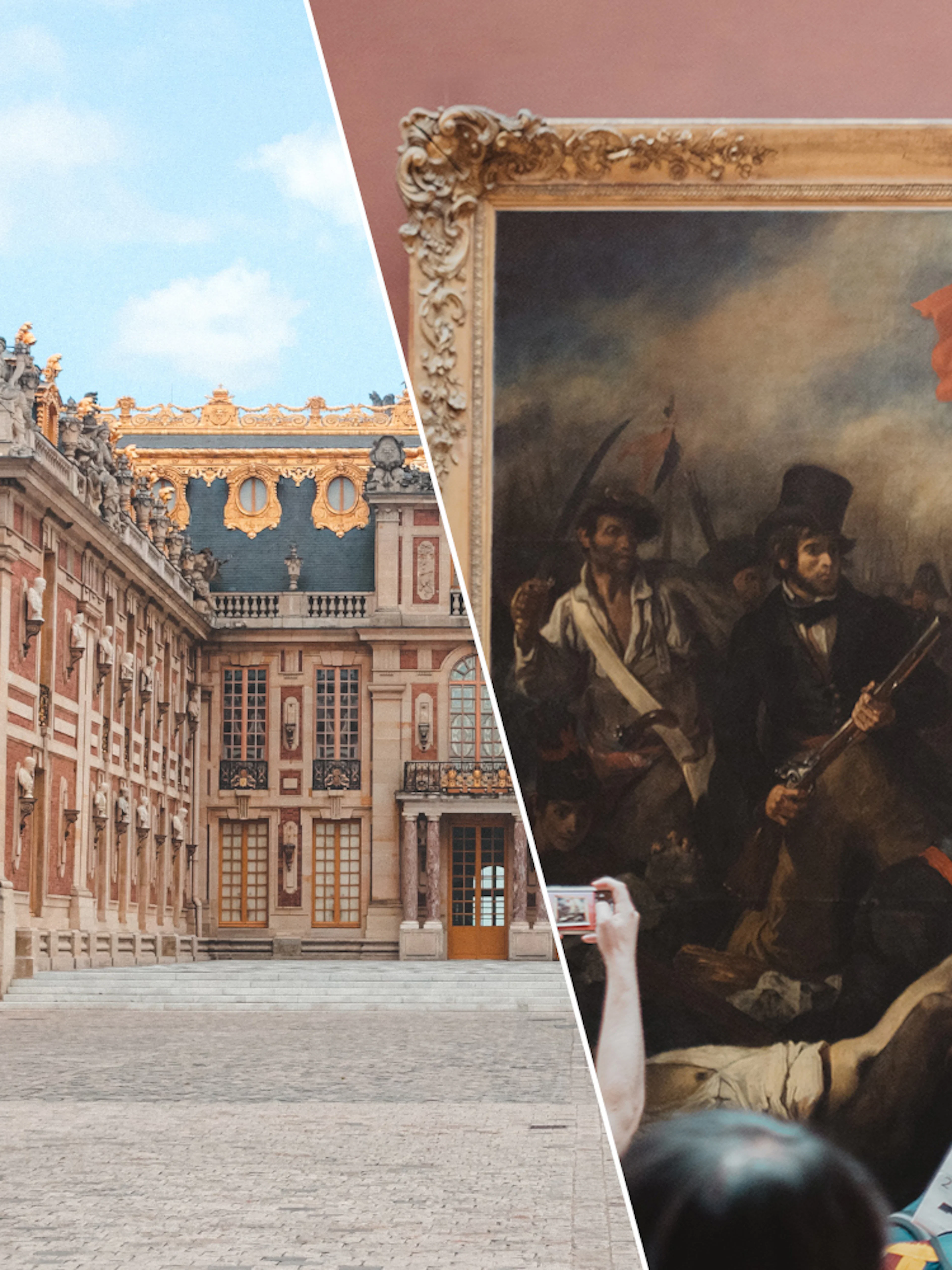 Versailles Palace exterior and visitors viewing "Liberty Leading the People" at the Louvre.