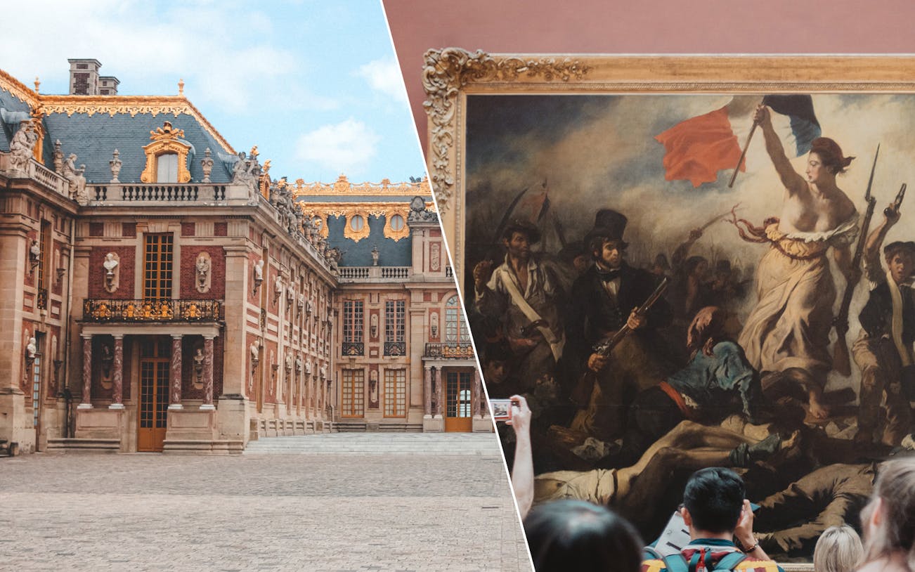 Versailles Palace exterior and visitors viewing "Liberty Leading the People" at the Louvre.