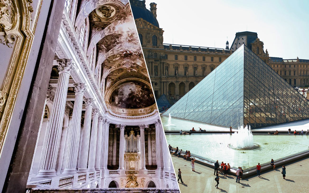 Versailles palace interior and Louvre Pyramid in Paris, part of skip-the-line tour.