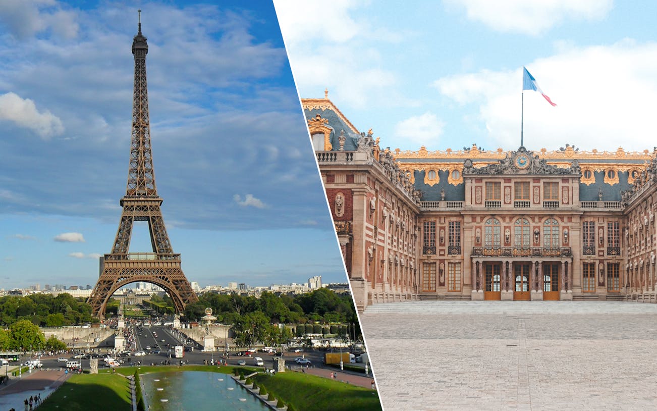 Eiffel Tower view and Versailles Palace facade in Paris tour combo.