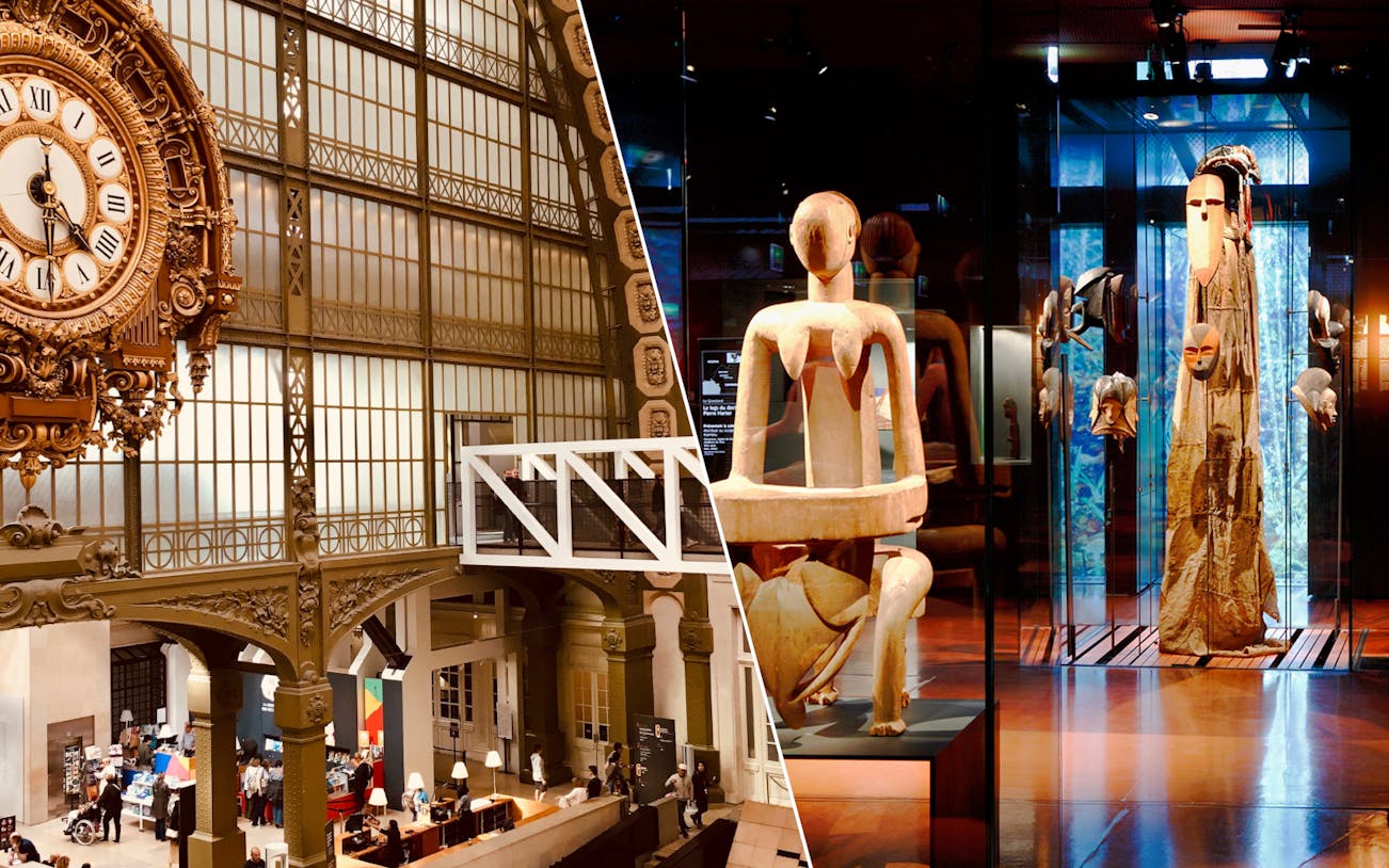 Orsay Museum clock and Quai Branly Museum artifacts in Paris.