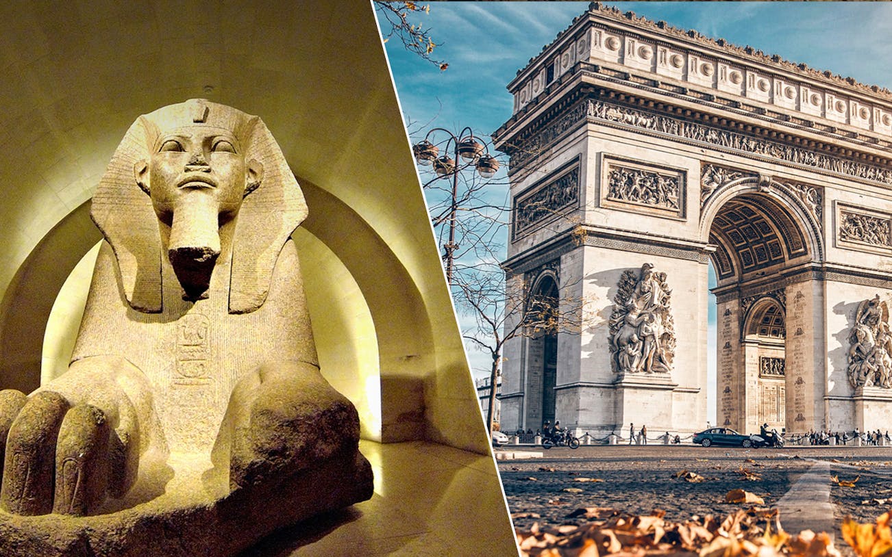 Louvre sphinx statue and Arc de Triomphe in Paris, France.