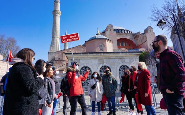 Tour group in front of Hagia Sophia during Old City to Taksim walking tour.