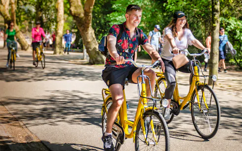 Cyclists enjoying a guided bike tour in Amsterdam park.
