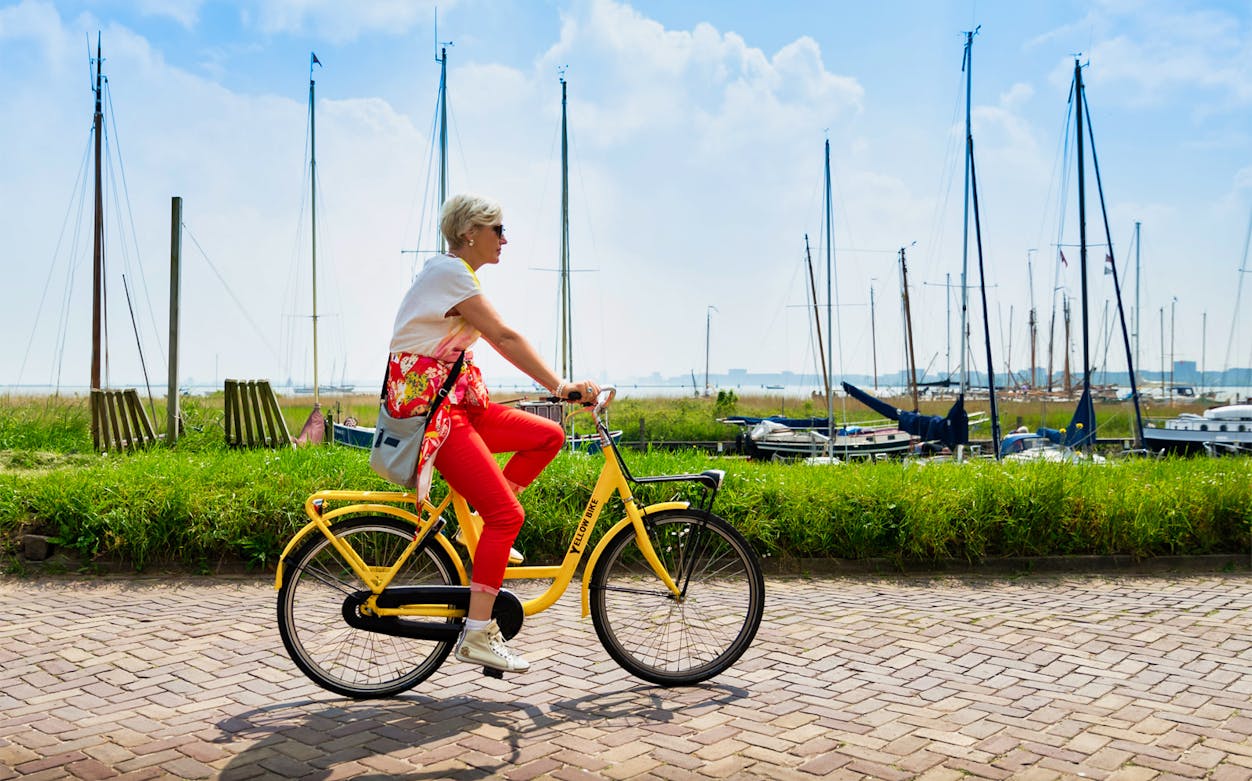 Cyclist on a yellow bike rides along a canal in the Amsterdam countryside with sailboats in the background.