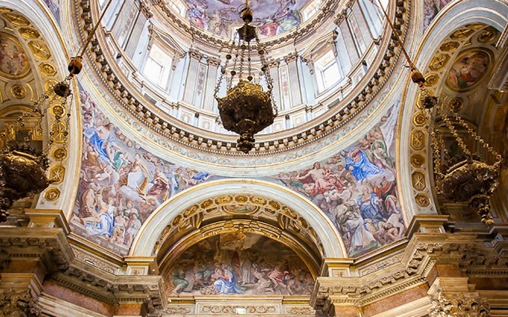 Royal Chapel of the Treasure of St. Januarius ceiling fresco and chandelier.