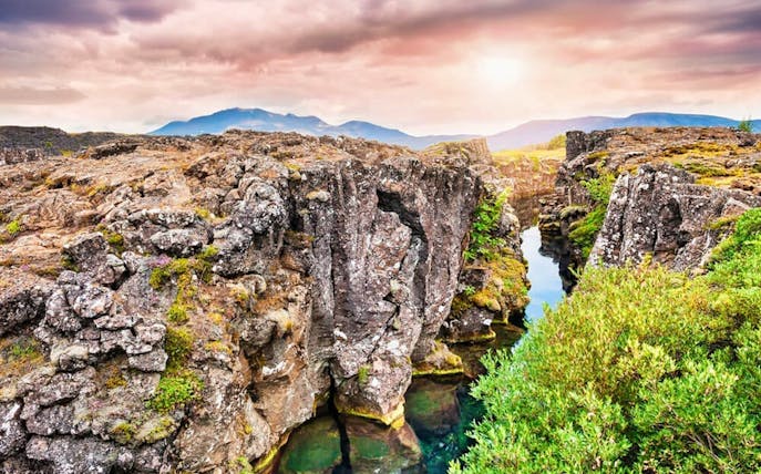 Rocky landscape with fissures and greenery in Thingvellir National Park, Iceland.