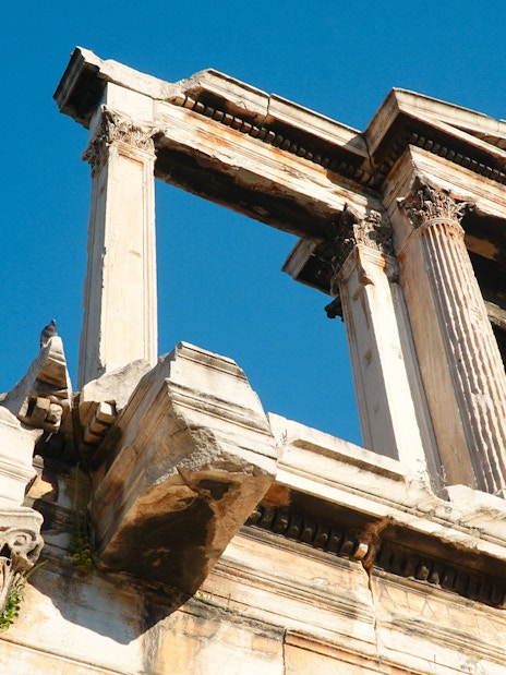 Temple of Olympian Zeus columns against blue sky, Athens audio tour.