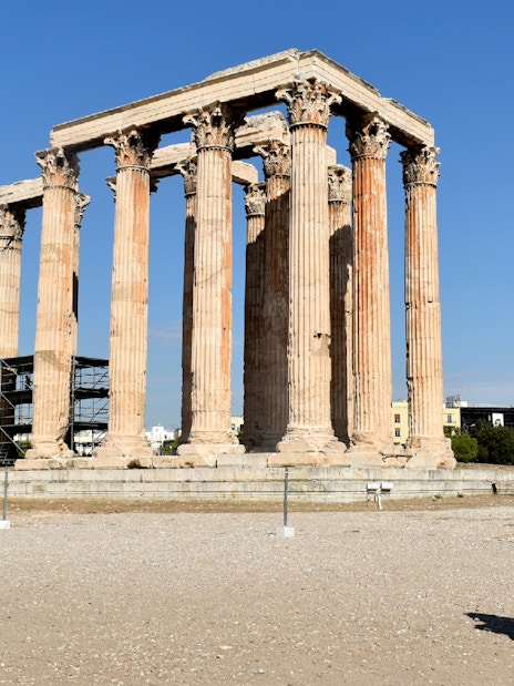 Temple of Olympian Zeus with visitor, Athens, Greece.