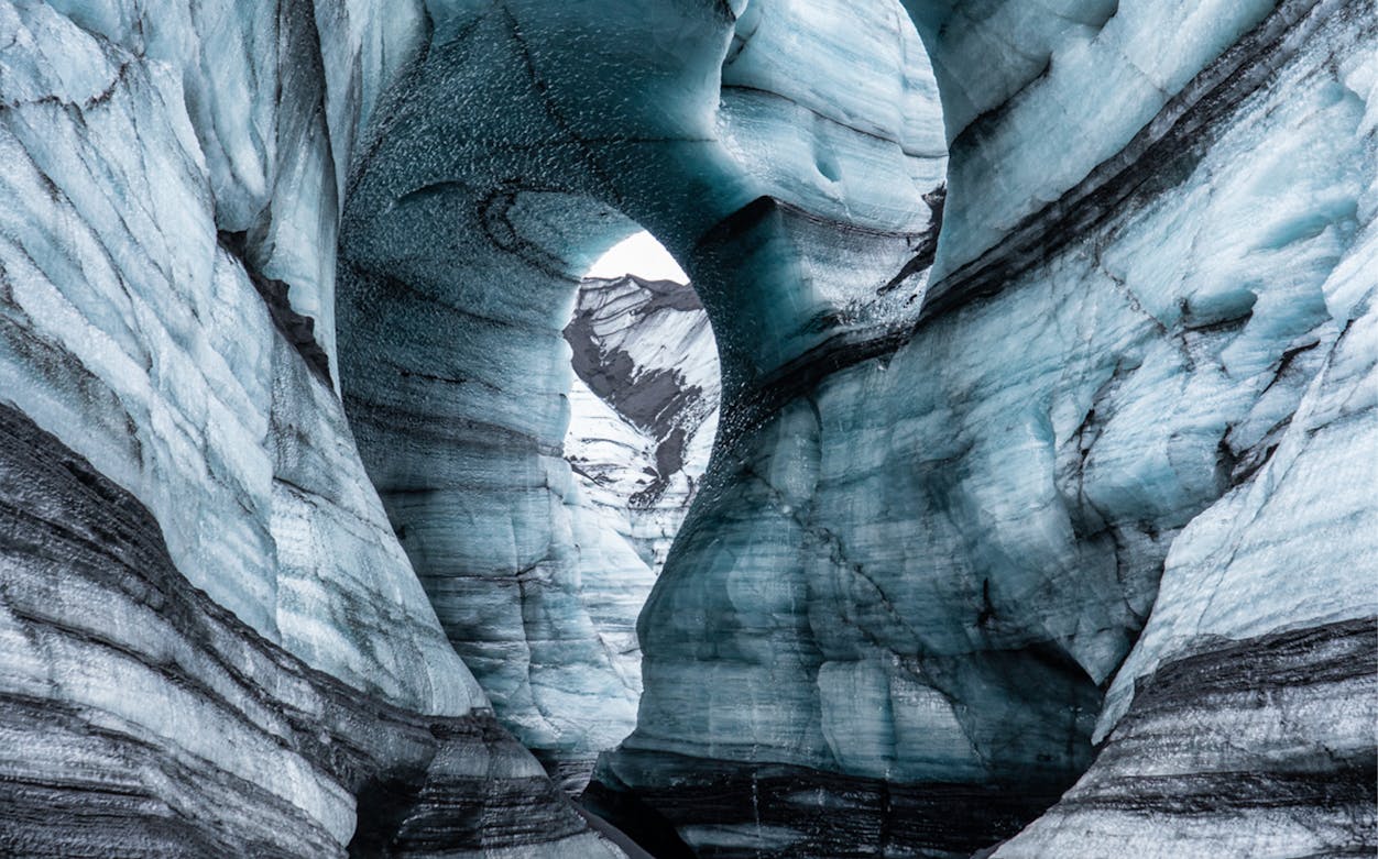 Ice cave formations near Katla Volcano, Iceland, viewed on a day tour from Reykjavik.