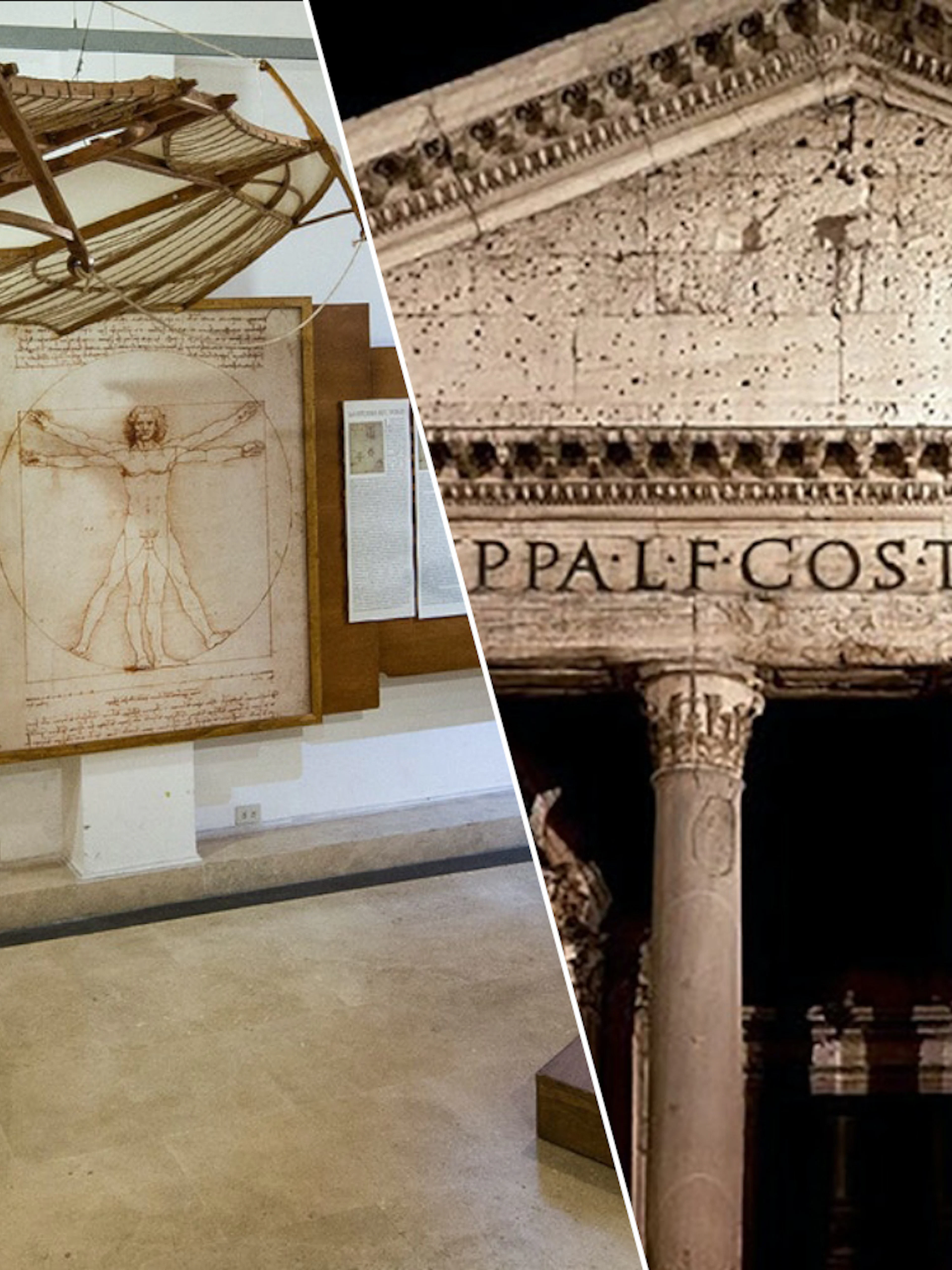 Leonardo da Vinci Museum exhibit and Pantheon facade in Rome.