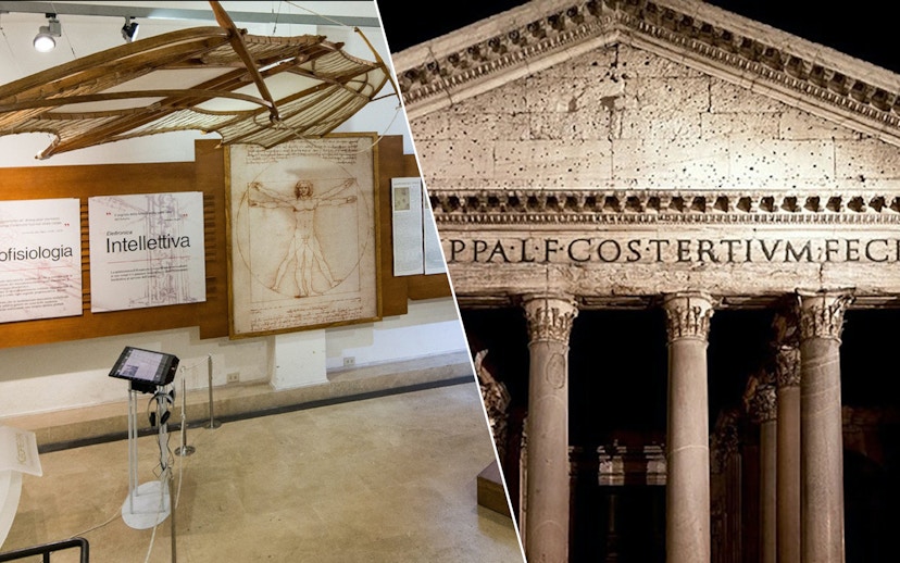 Leonardo da Vinci Museum exhibit and Pantheon facade in Rome.