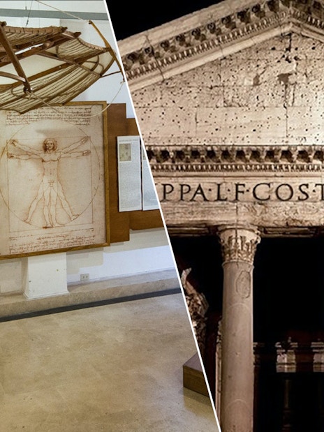 Leonardo da Vinci Museum exhibit and Pantheon facade in Rome.
