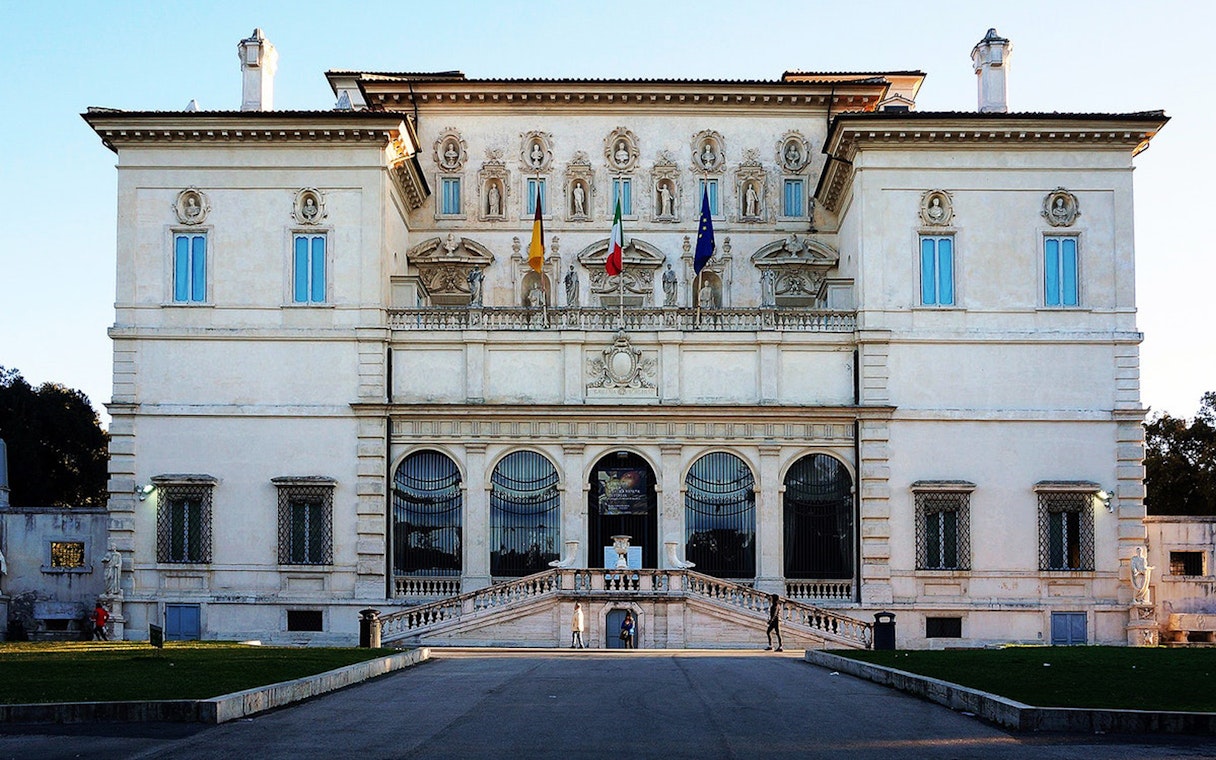Borghese Gallery facade in Rome, Italy, showcasing neoclassical architecture.