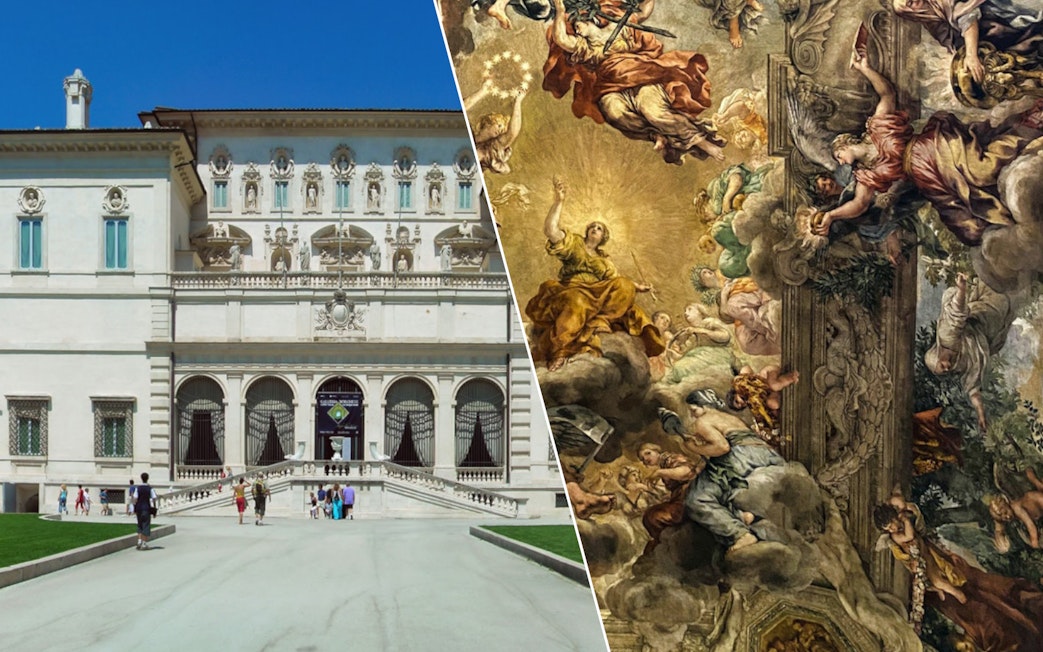 Borghese Gallery facade and Palazzo Barberini ceiling fresco in Rome.