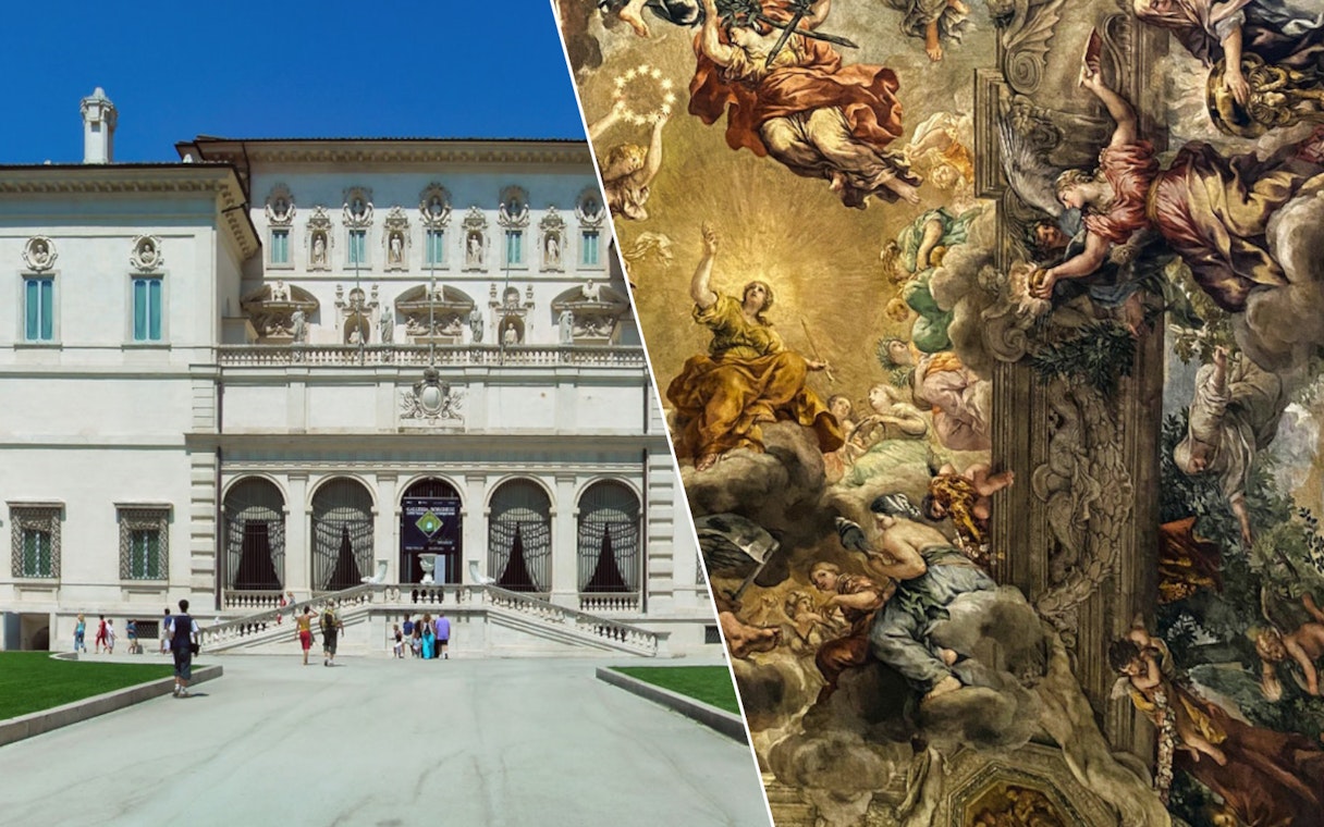 Borghese Gallery facade and Palazzo Barberini ceiling fresco in Rome.