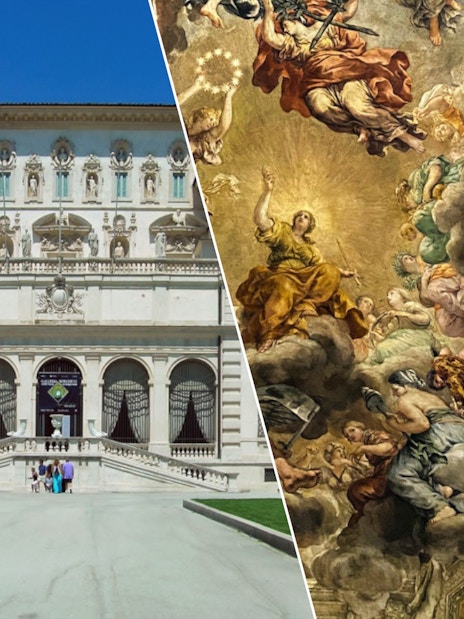 Borghese Gallery facade and Palazzo Barberini ceiling fresco in Rome.