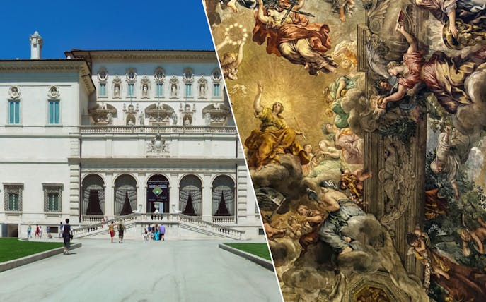 Borghese Gallery facade and Palazzo Barberini ceiling fresco in Rome.