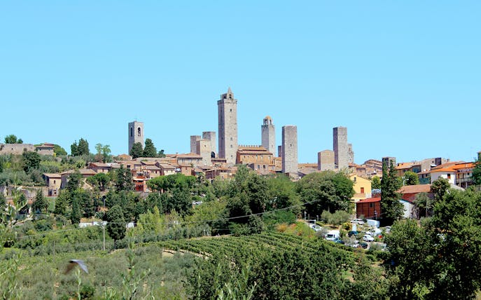 San Gimignano skyline with medieval towers, Tuscany, Italy.