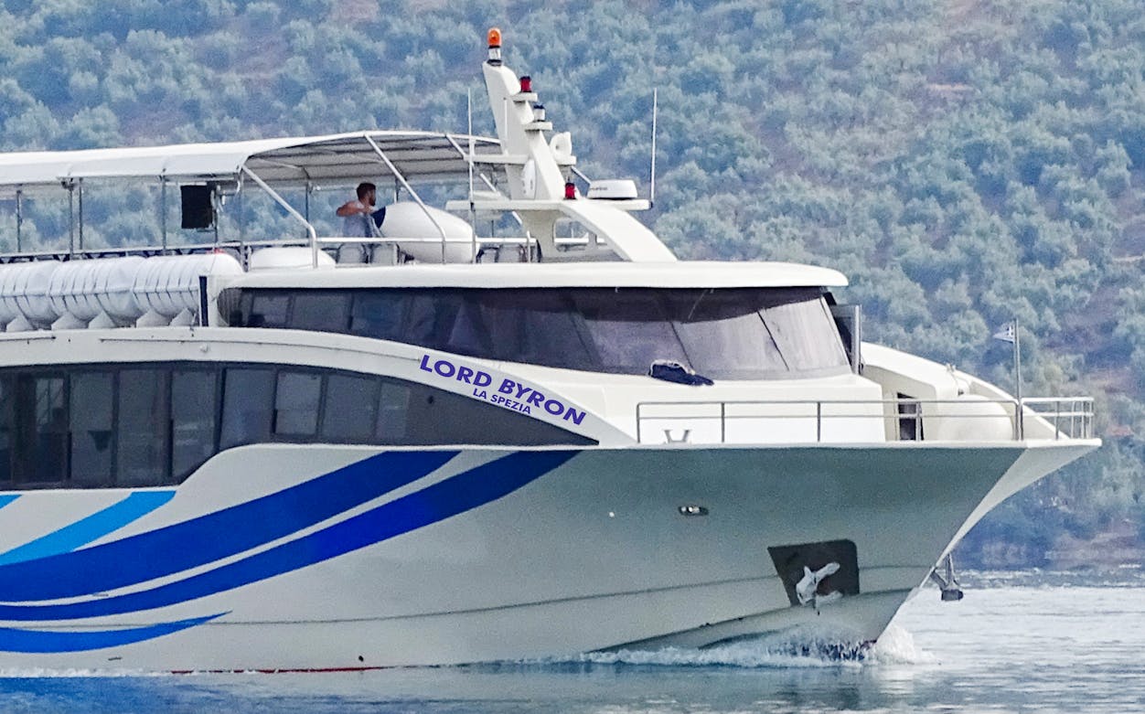 Ferry "Lord Byron" cruising near Cinque Terre coast.