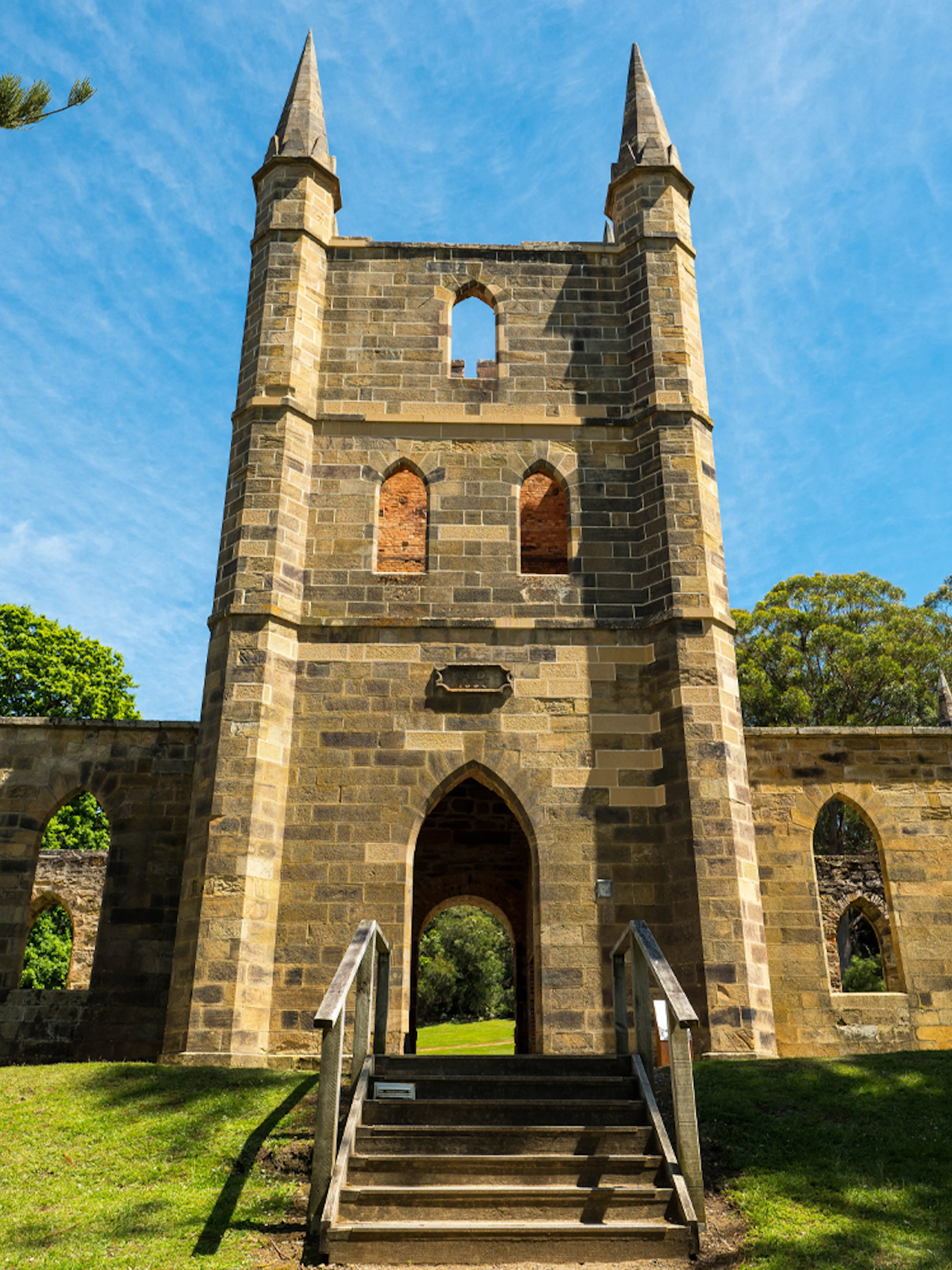 Port Arthur Historic Site church ruins with stone arches and spires, Tasmania.