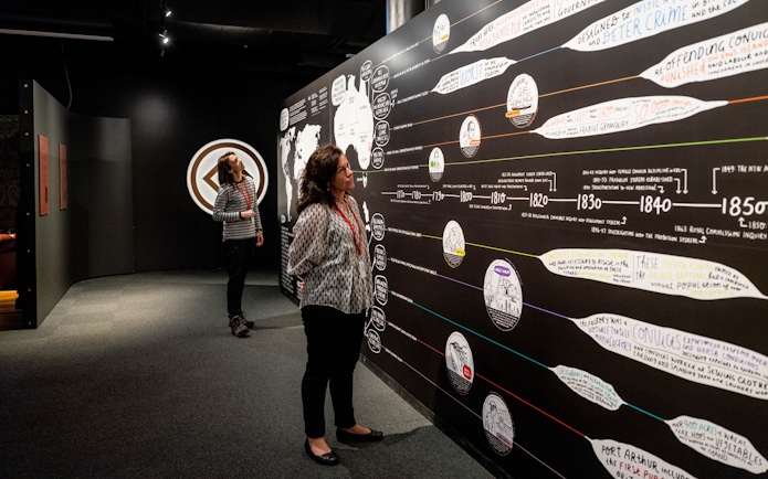 Visitors examining historical timeline at Port Arthur Historic Site exhibit.
