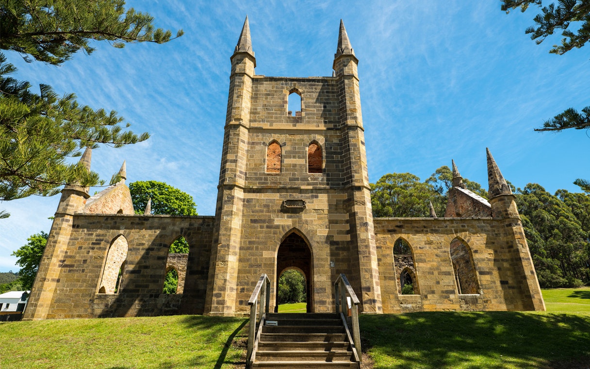 Port Arthur historic church ruins with stone arches and spires, Tasmania.
