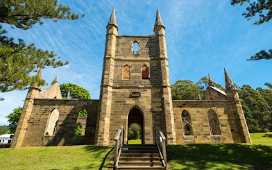 Port Arthur historic church ruins with stone arches and spires, Tasmania.